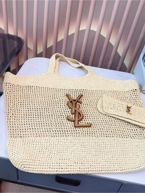 Saint Laurent Cream Crochet Tote with Gold YSL Emblem